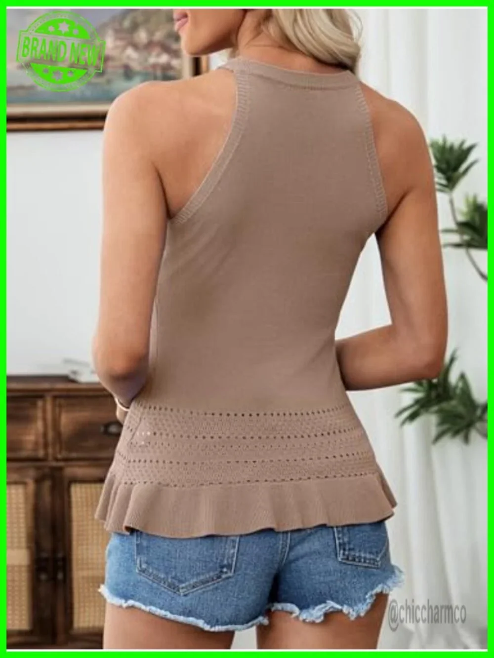 Crochet Crop Tank Top Sleeveless Halter Neck Ruffle Hem Knit Sweater Vest